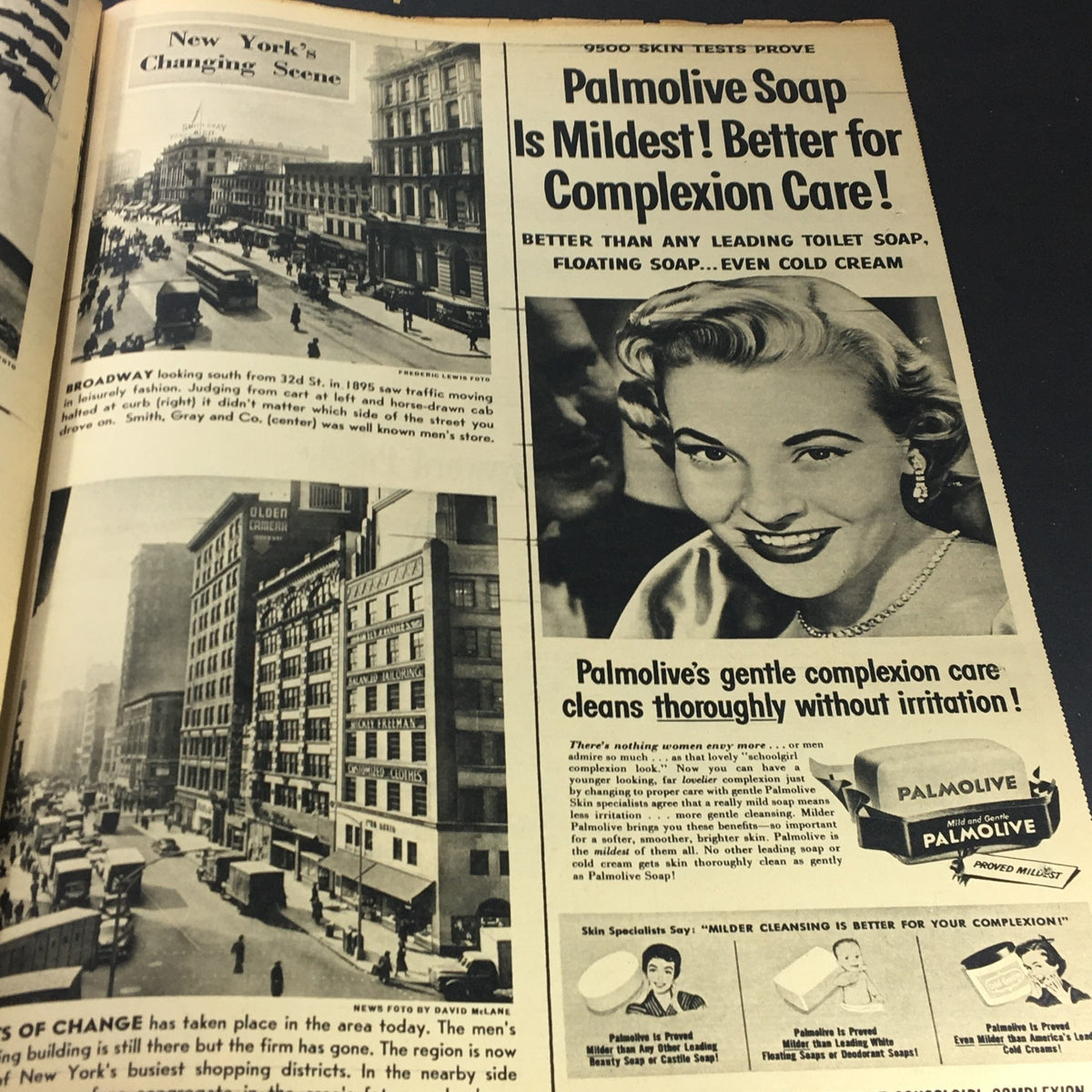 VTG Sunday News Coloroto Magazine March 20 1955 Virginia Mayo Cover showing a vintage ad for Palmolive soap and a classic New York street scene.