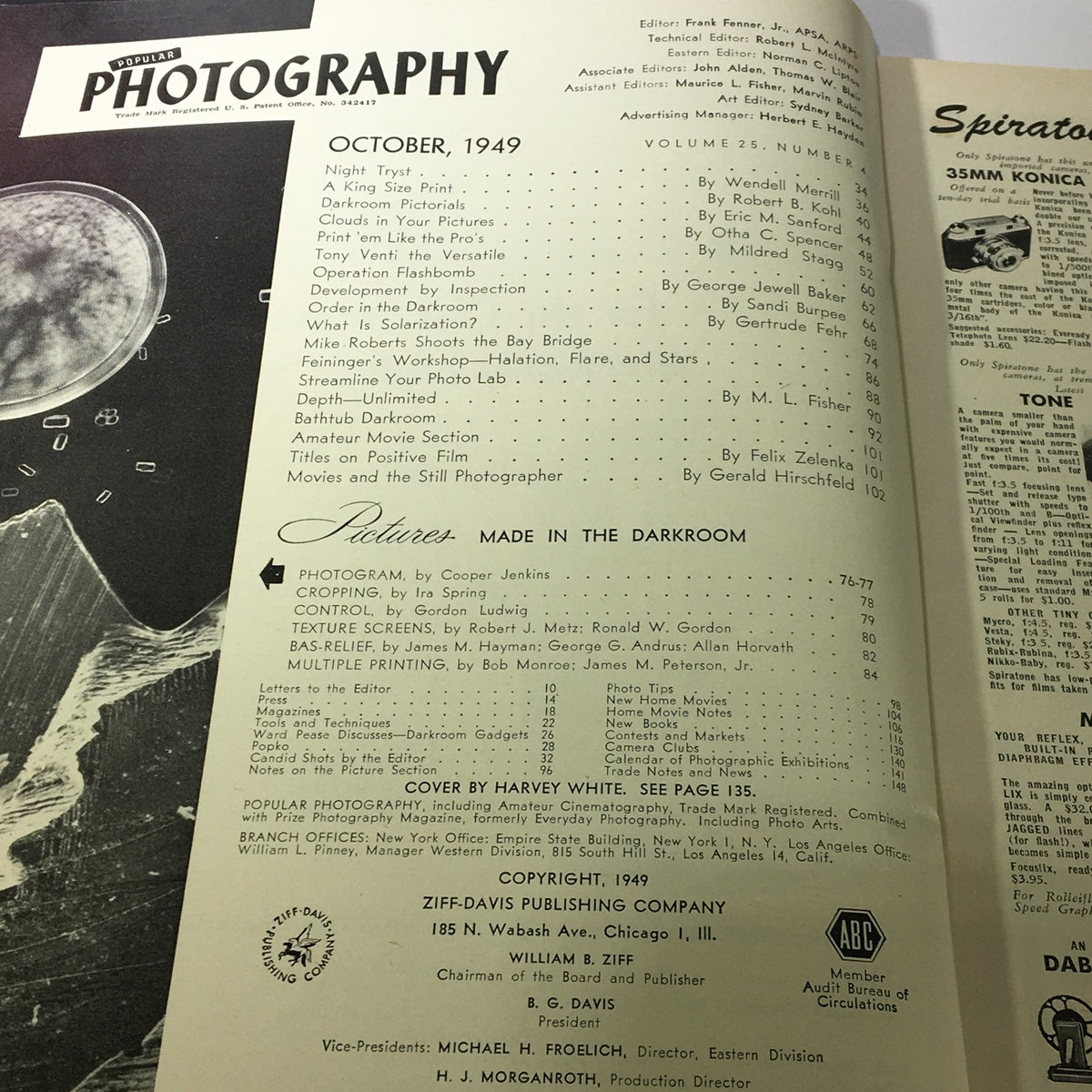 Interior page of Popular Photography Magazine October 1949, showcasing the issue's table of contents and magazine details.