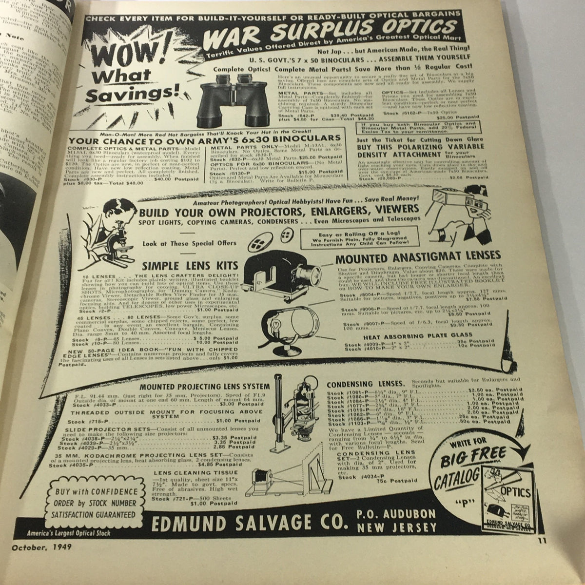 Advertisement page from Popular Photography Magazine October 1949 highlighting optical bargains and surplus optics for photography enthusiasts.