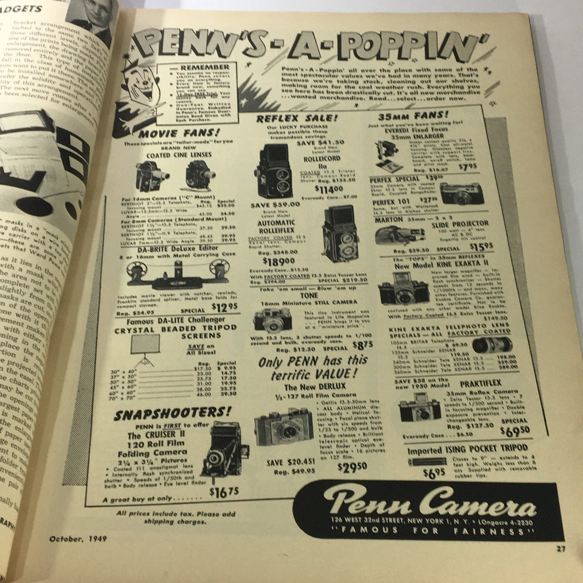 Advertisement page from Popular Photography Magazine October 1949 featuring various photography equipment and camera deals at Penn Camera.