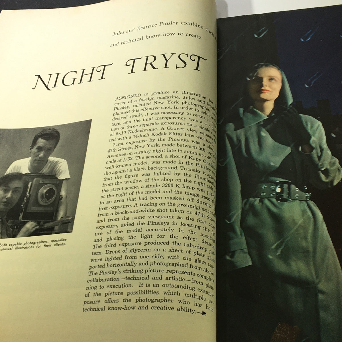 Article page from Popular Photography Magazine October 1949 titled 'Night Tryst,' discussing the technical aspects of a photography project.