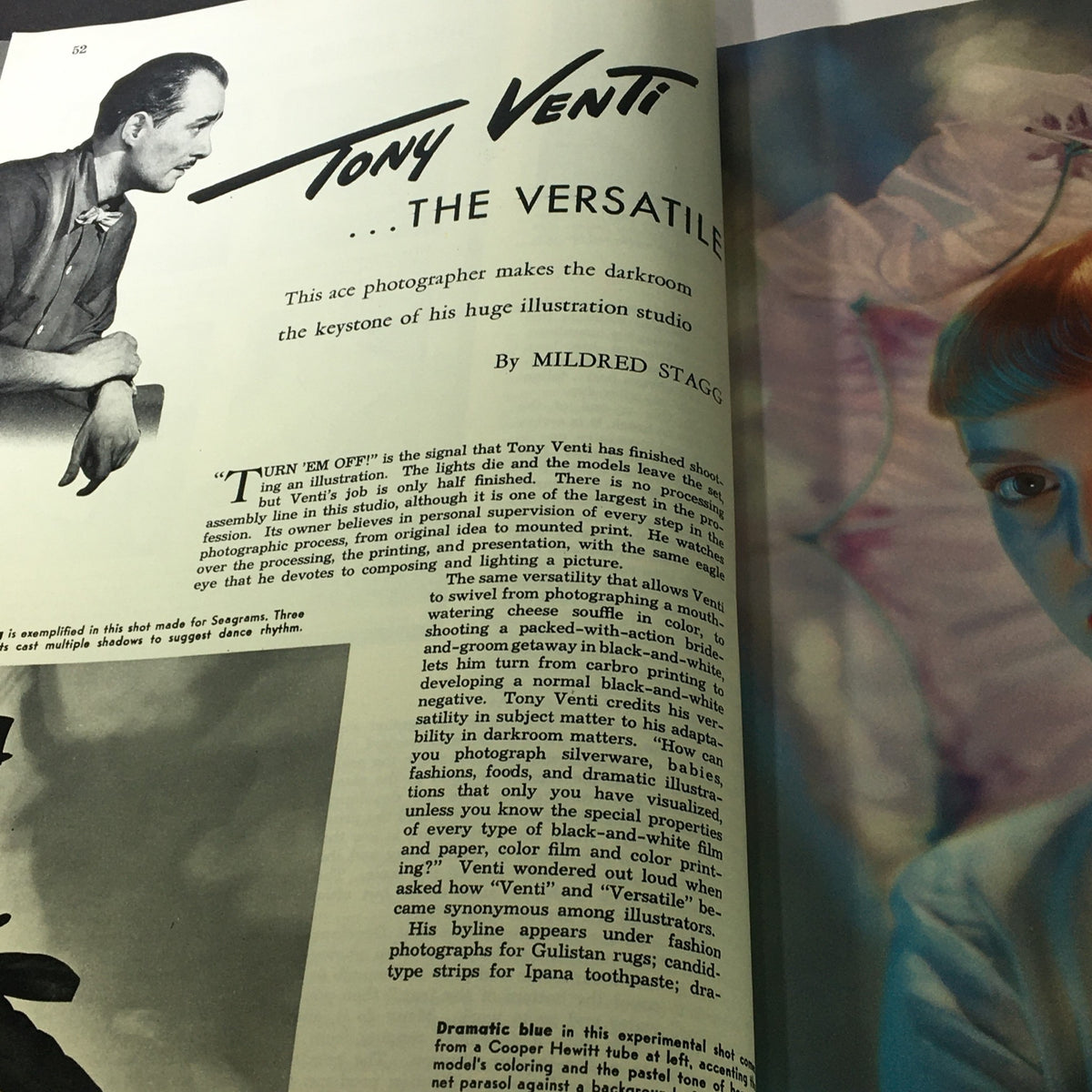 Page from the October 1949 Popular Photography Magazine featuring an article about photographer Tony Vent's versatility in the darkroom, showcasing his techniques in photography.