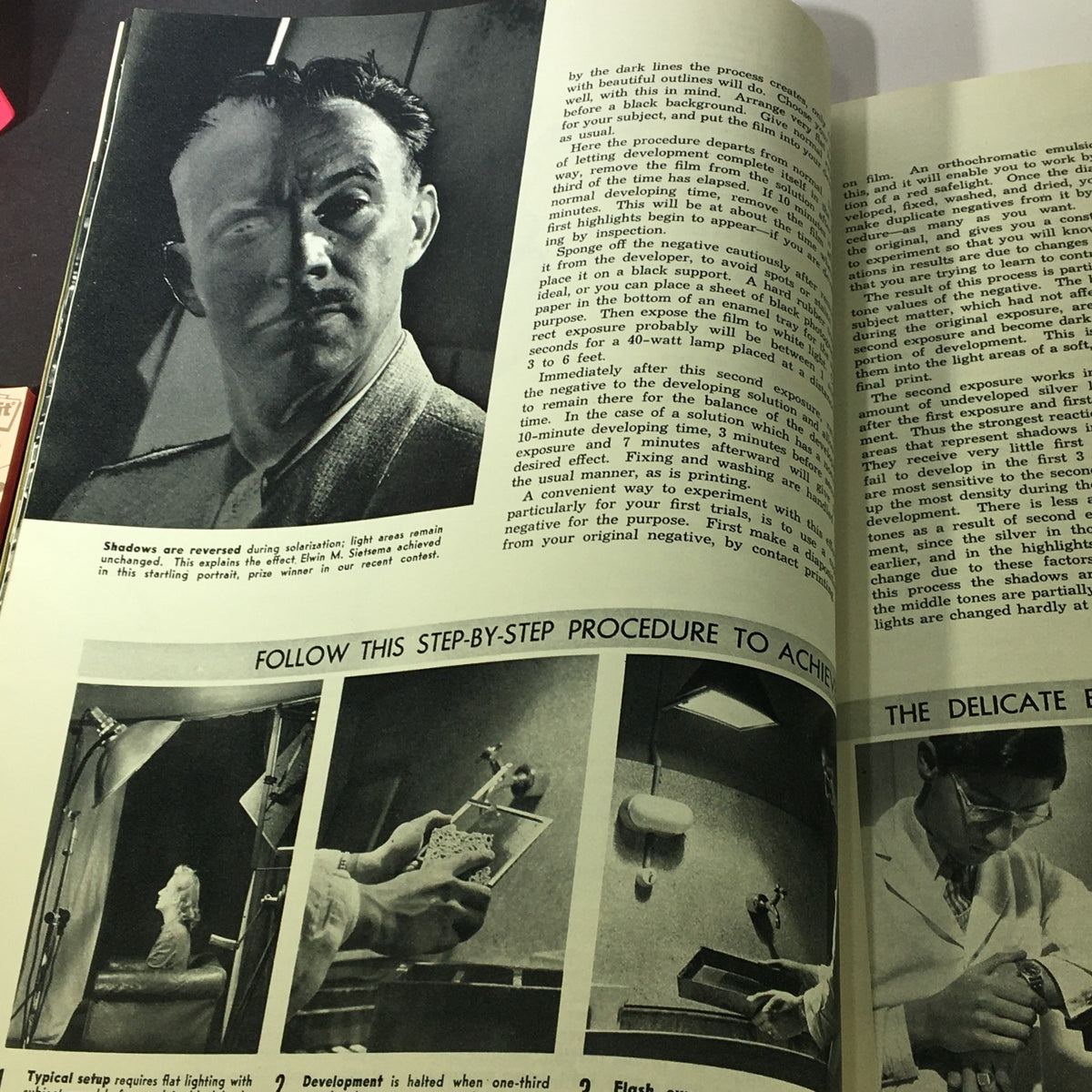 Step-by-step guide in October 1949 Popular Photography Magazine discussing the process of developing photographs, including techniques for achieving specific effects.