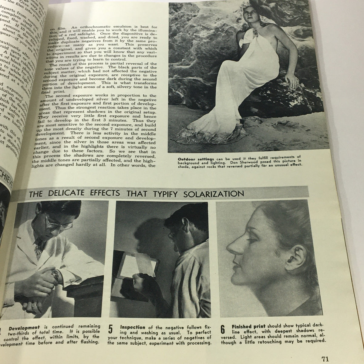 Illustration from October 1949 Popular Photography Magazine explaining the delicate effects in solarization, featuring photography examples and detailed descriptions.