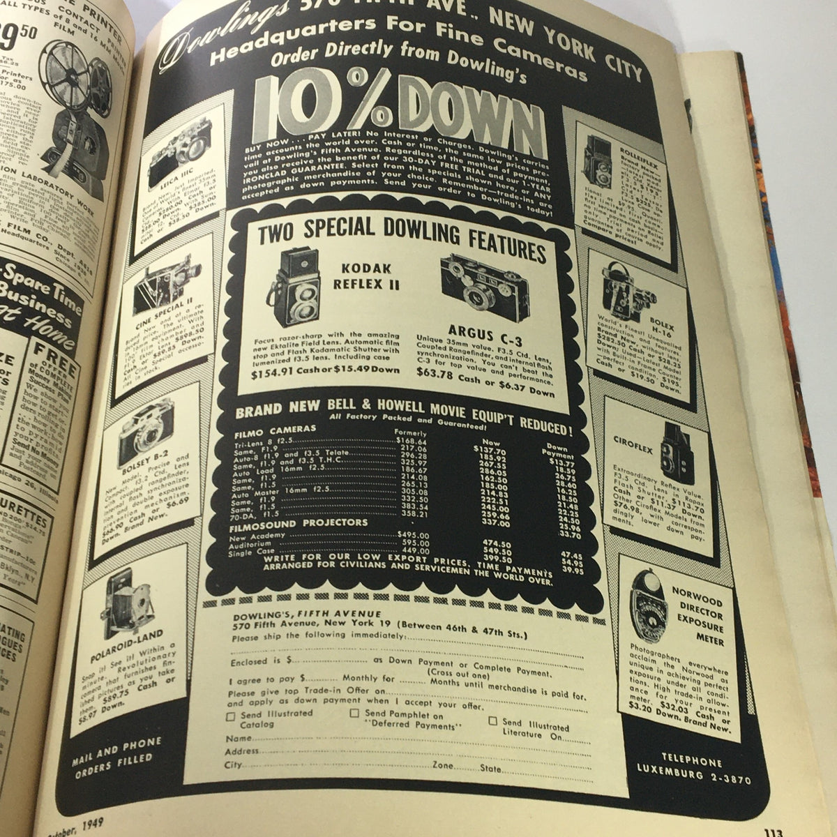 Advertisement for Dowling's headquarters in New York City from Popular Photography Magazine October 1949, featuring cameras, projectors, and filmmaking equipment, showcasing photography options of the time.