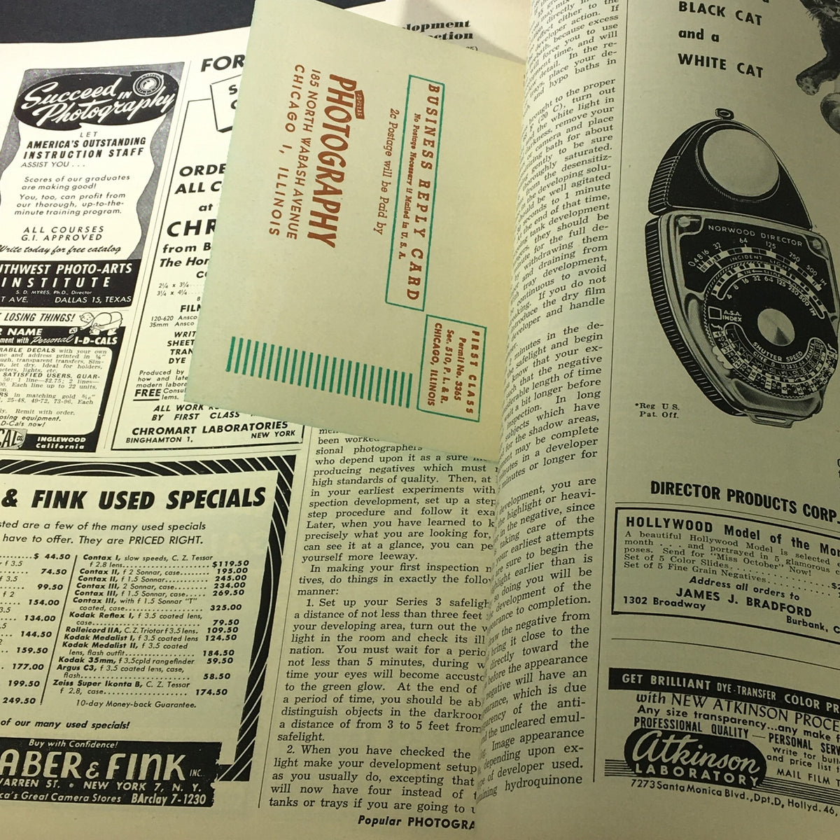 Page from Popular Photography Magazine October 1949 displaying photography tips alongside advertisements for photography services and equipment, capturing the essence of amateur photography in the late 1940s.