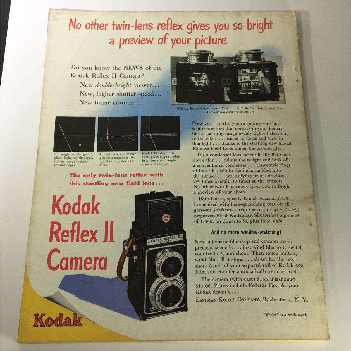 Back cover of the Kodak Reflex II Camera advertisement in Popular Photography Magazine October 1949, showcasing the camera's features and specifications, highlighting advancements in photography technology.