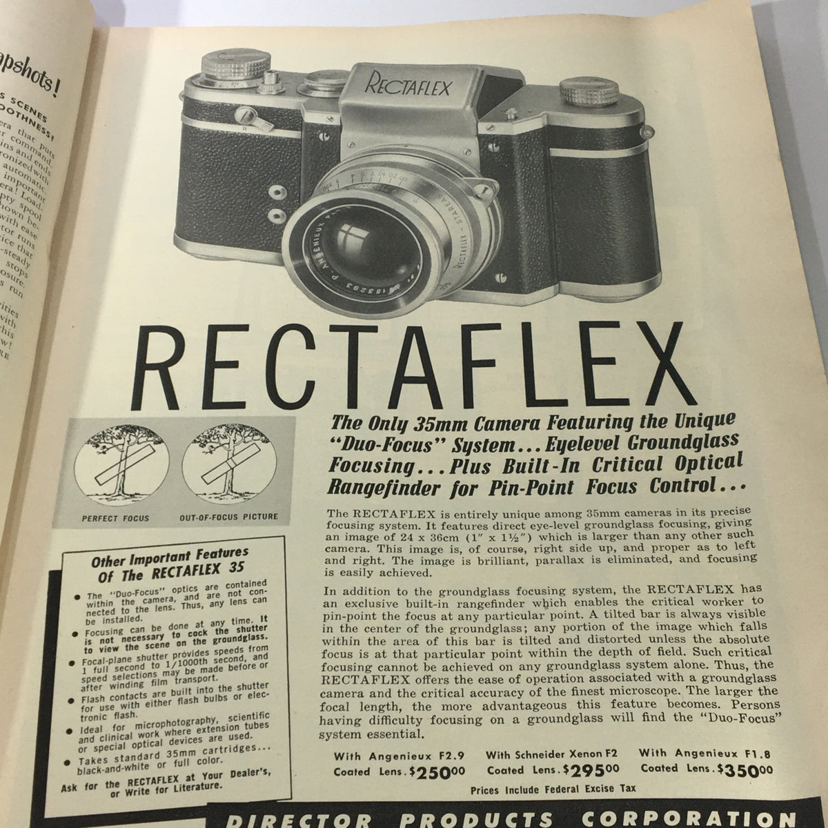 Vintage Popular Photography Magazine July 1950 featuring the Rectaflex camera advertisement, showcasing its unique Duo-Focus system and critical optical rangefinder.