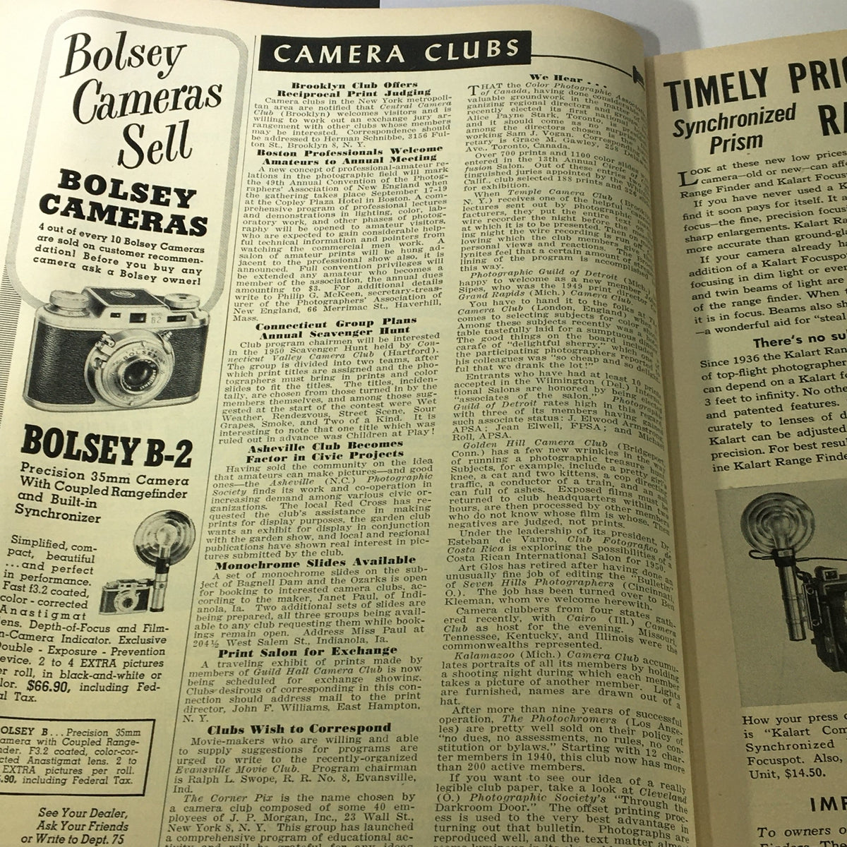 Vintage Popular Photography Magazine July 1950 displaying an advertisement for Bolsey Cameras, emphasizing their precision 35mm camera with built-in rangefinder.