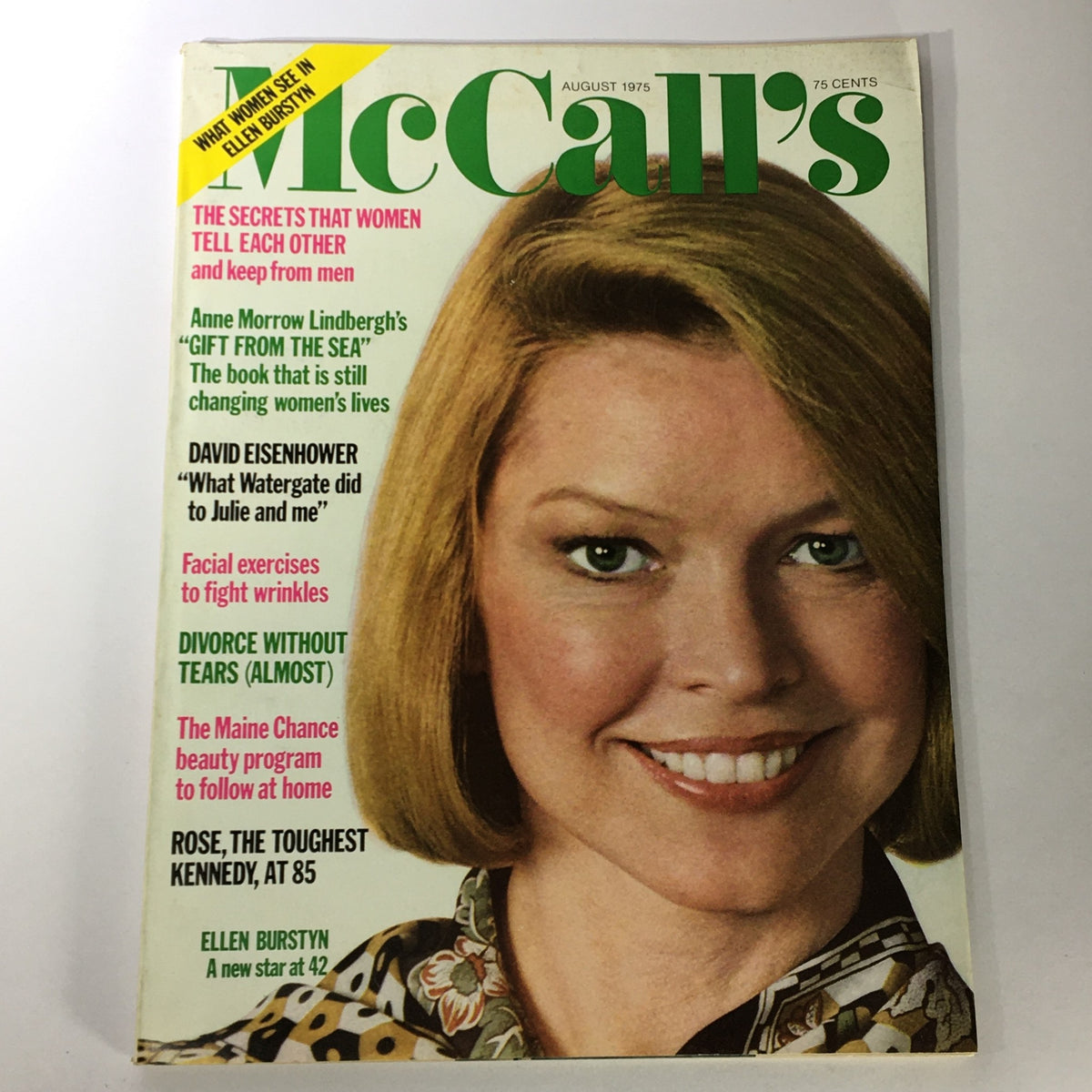 VTG McCall's Magazine August 1975 featuring Ellen Burstyn on the cover, highlighting articles on women's secrets, David Eisenhower, and beauty tips, with a retro design.