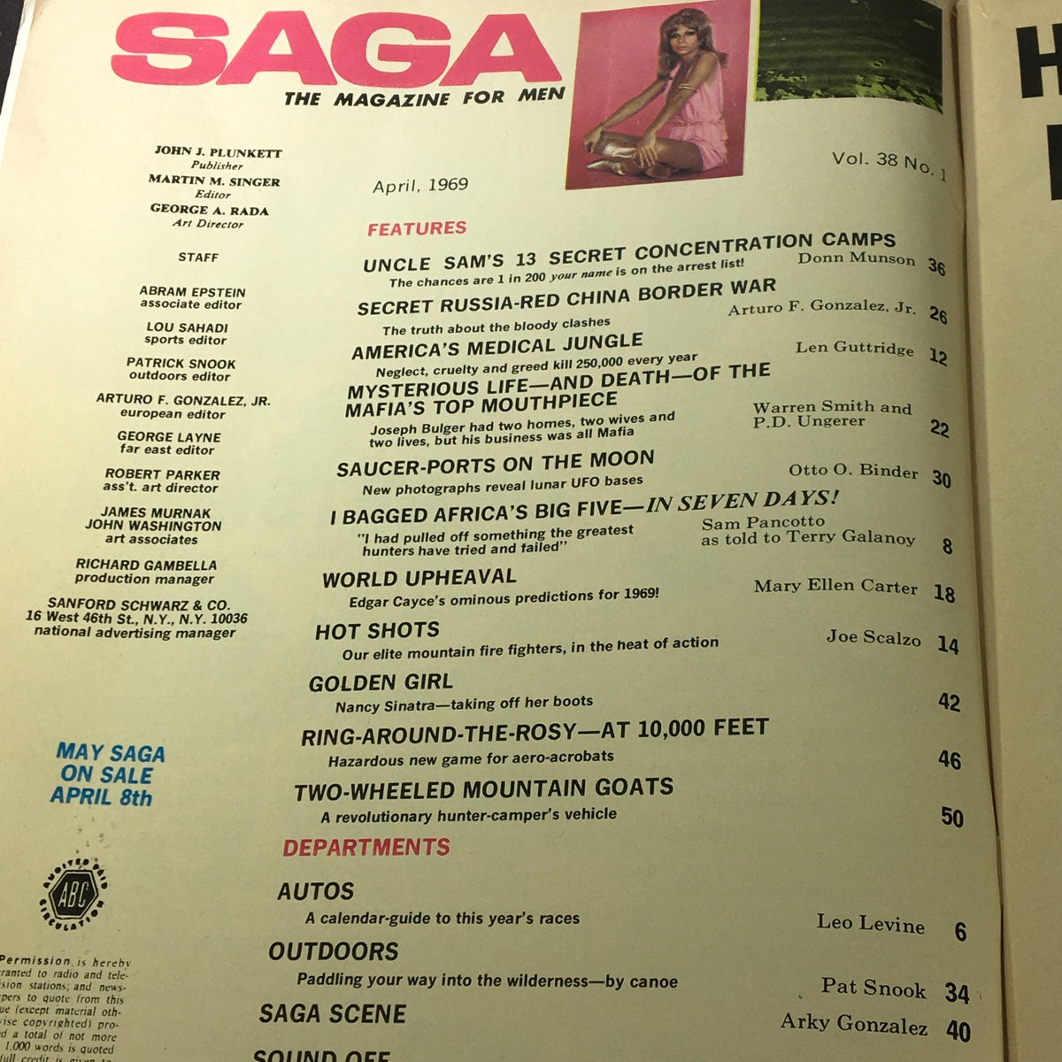 Inside page of VTG Saga for Men Magazine April 1969 highlighting featured articles including Edgar Cayce's predictions and the adventures of Nancy Sinatra.