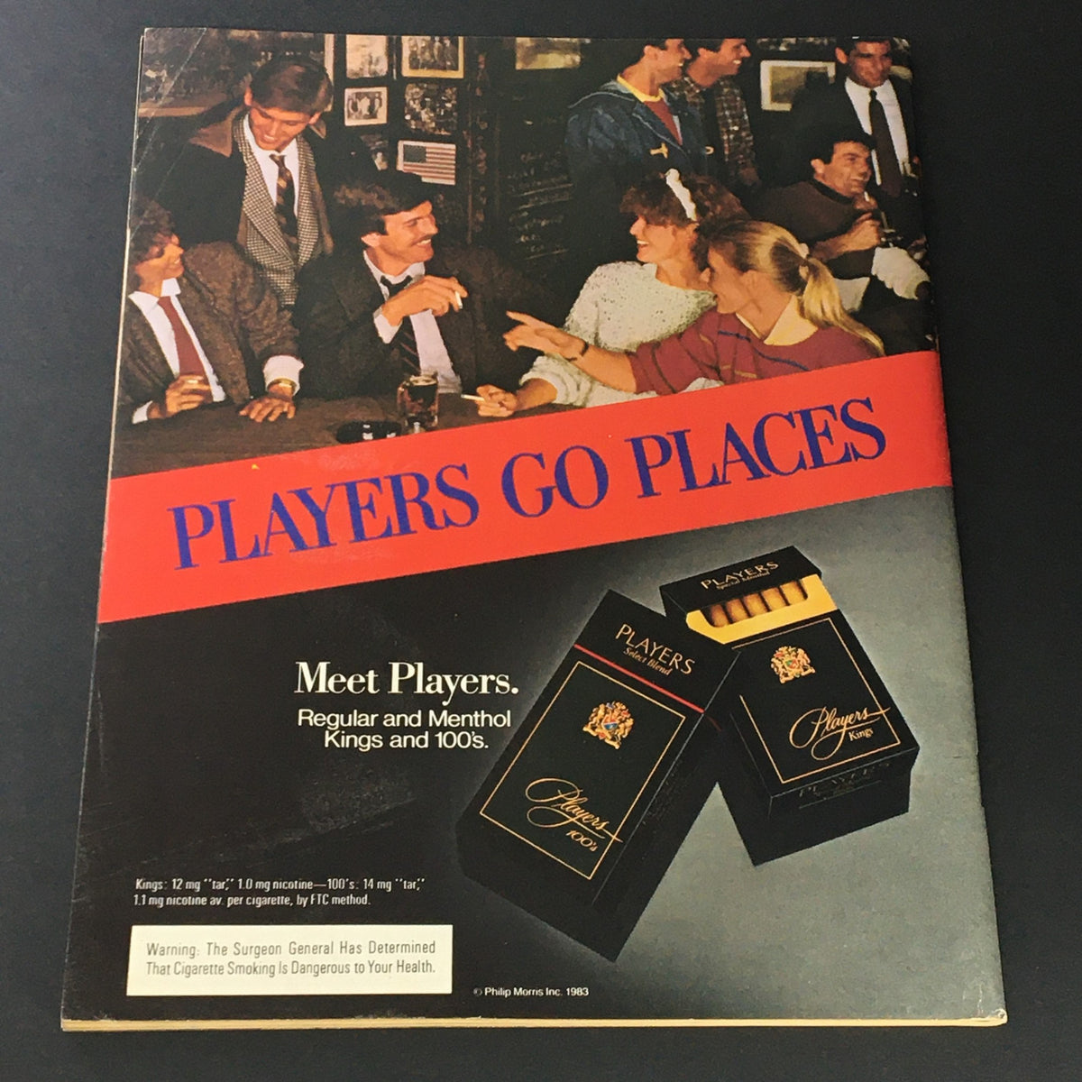Back cover advertisement of VTG The Ring Magazine February 1984 for Players cigarettes, depicting a social scene with people enjoying a night out.