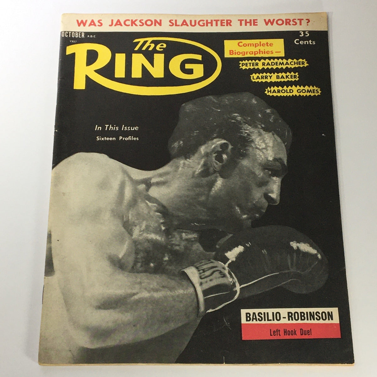 VTG The Ring Magazine October 1957 featuring Peter Rademacher and Larry Baker on the cover, showcasing a dynamic boxing image and highlights of notable boxing profiles.