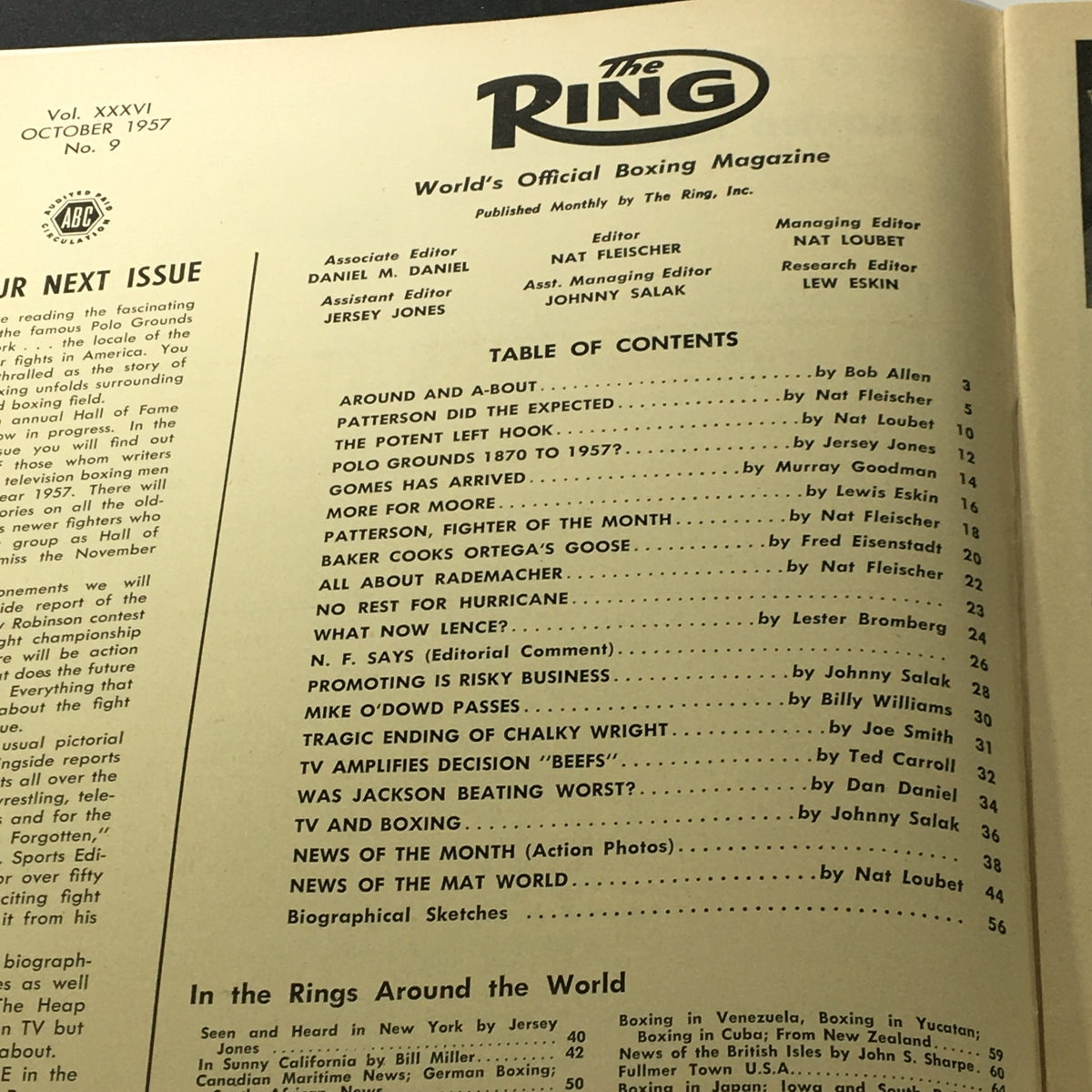 Inside of VTG The Ring Magazine October 1957, displaying the table of contents, featuring various articles and profiles related to boxing.