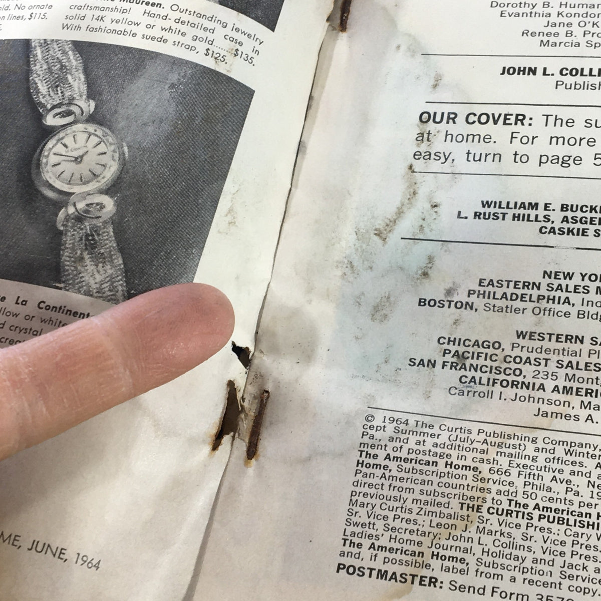 Close-up of a page in VTG The American Home Magazine June 1964 Vol 67 #5 highlighting an advertisement and some wear marks on the edge.