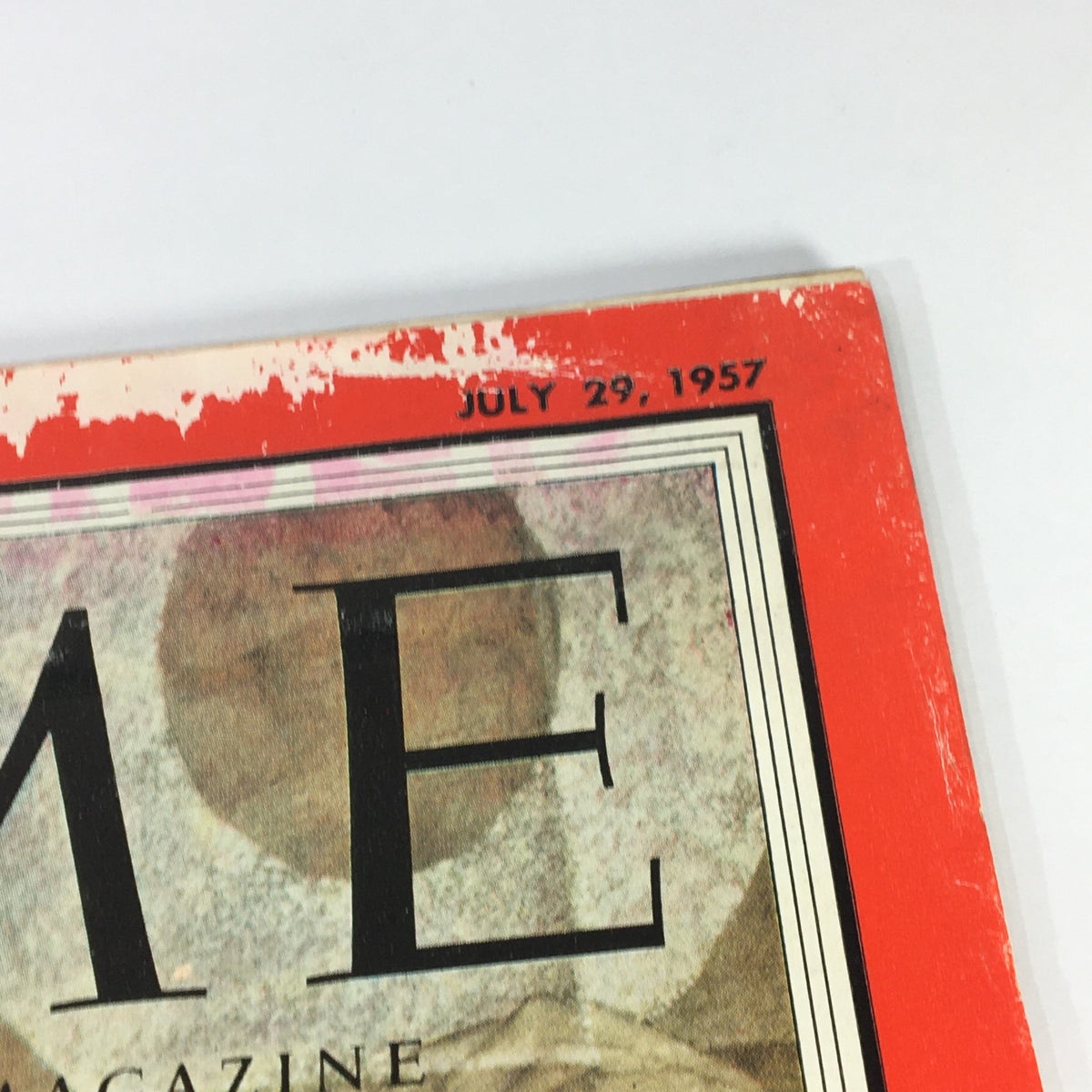 Close-up of the date on the cover of VTG Time Magazine July 29 1957, highlighting its vintage authenticity and historical significance.