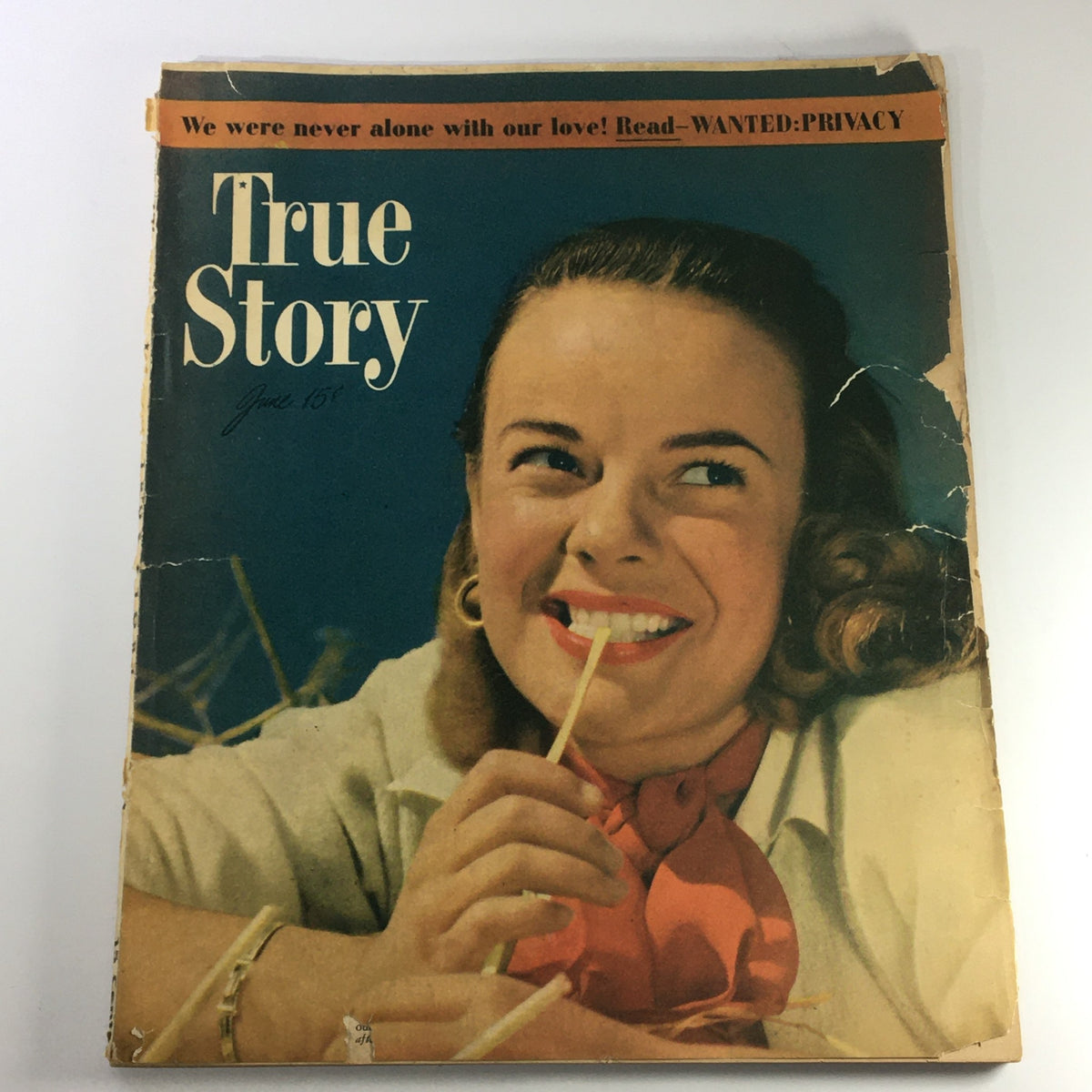 Cover of the vintage True Story Magazine from June 1947, Vol 56 #5, featuring a smiling woman holding a straw with a glamorous background.