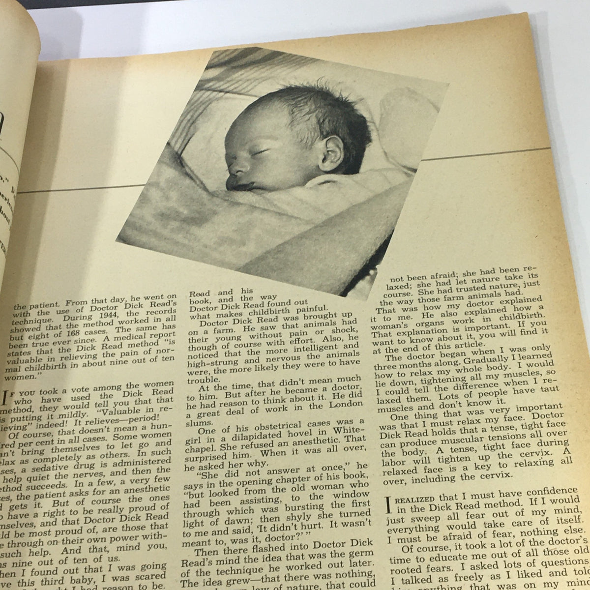True Story Magazine June 1947 Vol 56 #5 featuring an article on childbirth and a historical photograph of a newborn, reflecting societal themes of the era.