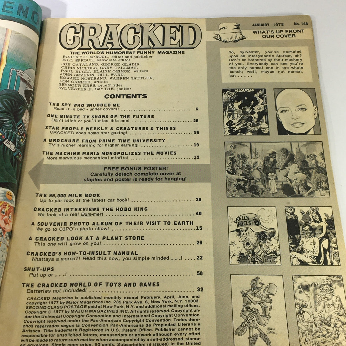 Interior page of Cracked Magazine January 1978 Issue #148 displaying the contents and features, offering a glimpse into its comedic content and cultural references.