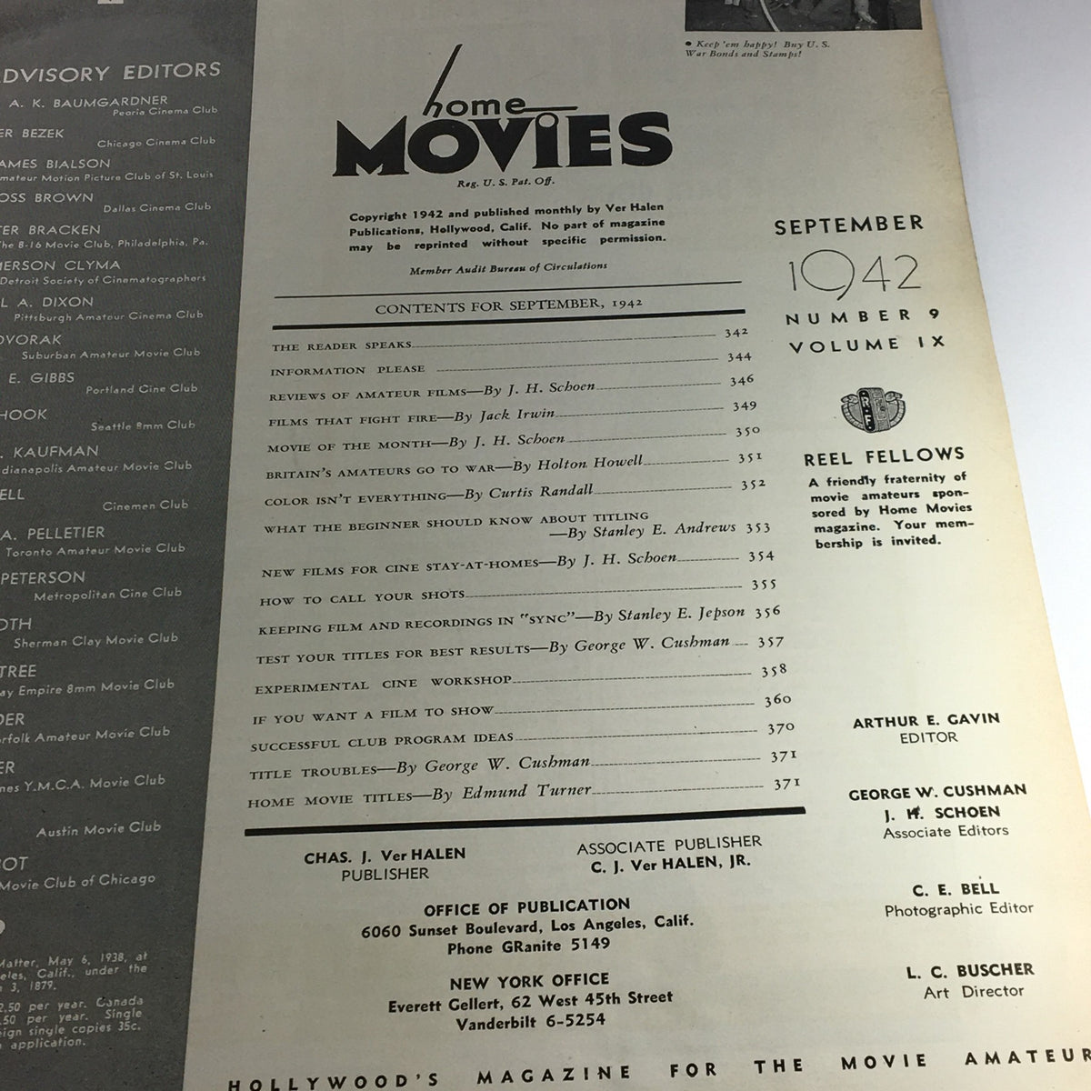 Cover page of VTG Home Movies Magazine September 1942 #9 Vol 9, featuring contents and contributors related to amateur filmmaking.