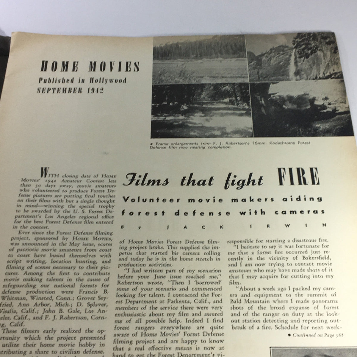 Article page titled 'Films that fight FIRE' in VTG Home Movies Magazine September 1942 #9 Vol 9, discussing volunteer filmmakers aiding forest defense.