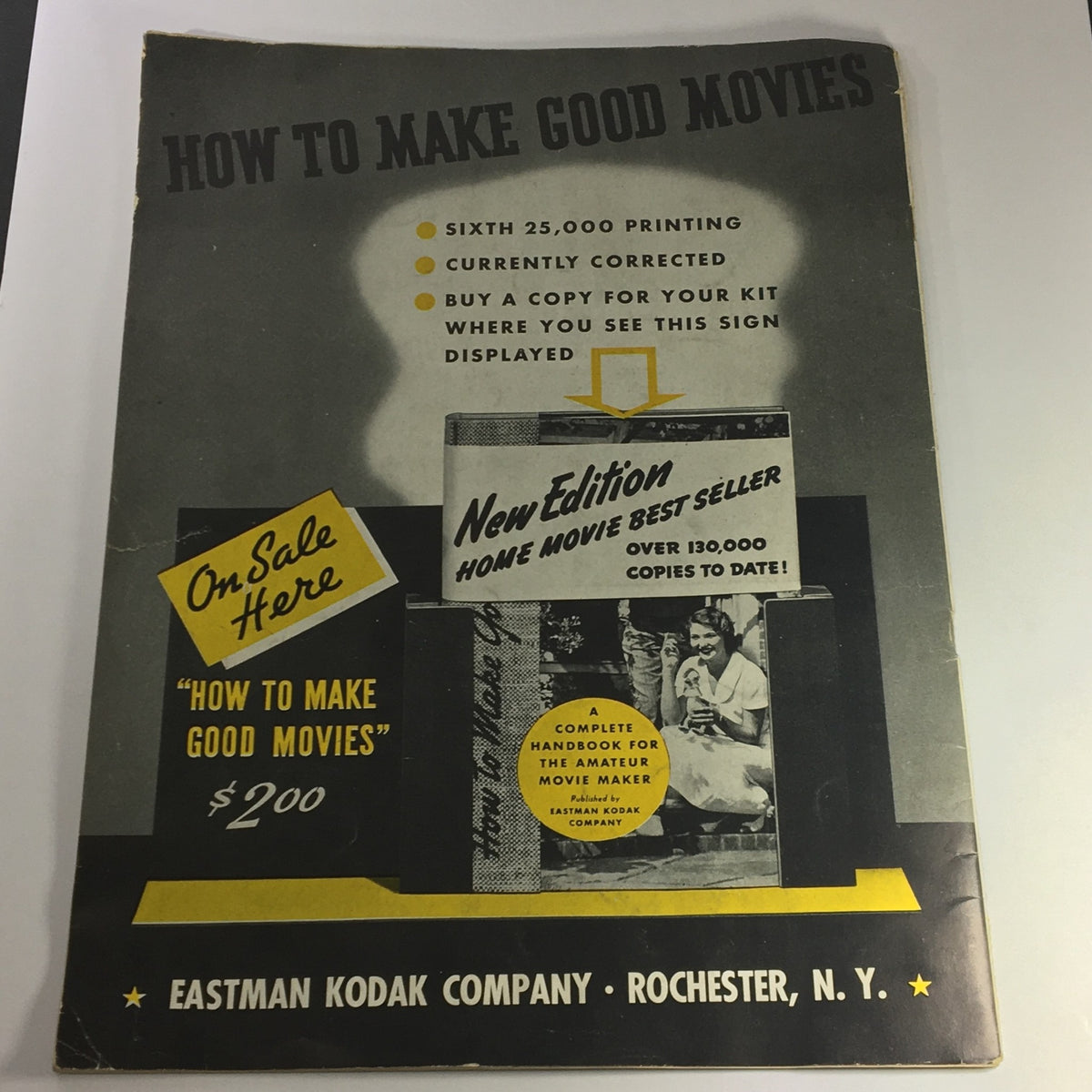 Cover of how-to guide entitled 'How to Make Good Movies' from Eastman Kodak Company, promoting a complete handbook for amateur movie makers, indicating its sixth printing and priced at $2.00.