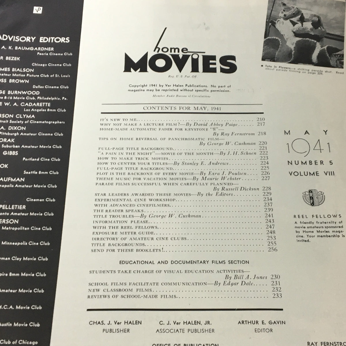 Table of contents page from VTG Home Movies Magazine May 1941, listing articles and features relevant to home movie enthusiasts.