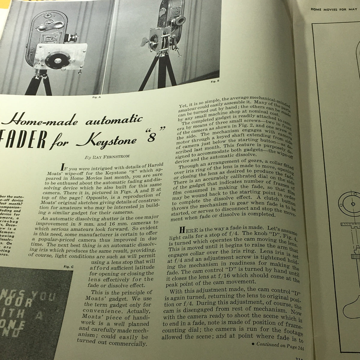 Detailed article on a home-made automatic fader for Keystone 8 cameras from VTG Home Movies Magazine May 1941, featuring diagrams and construction insights.