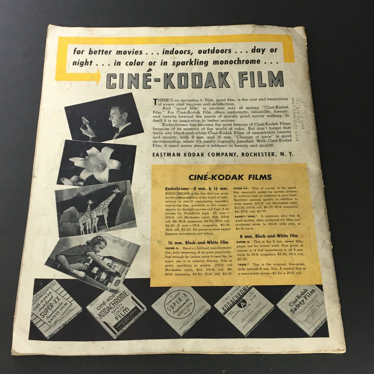 Promotional content for Ciné-Kodak Film in VTG Home Movies Magazine May 1941, emphasizing film quality and usage in traditional and modern filmmaking.