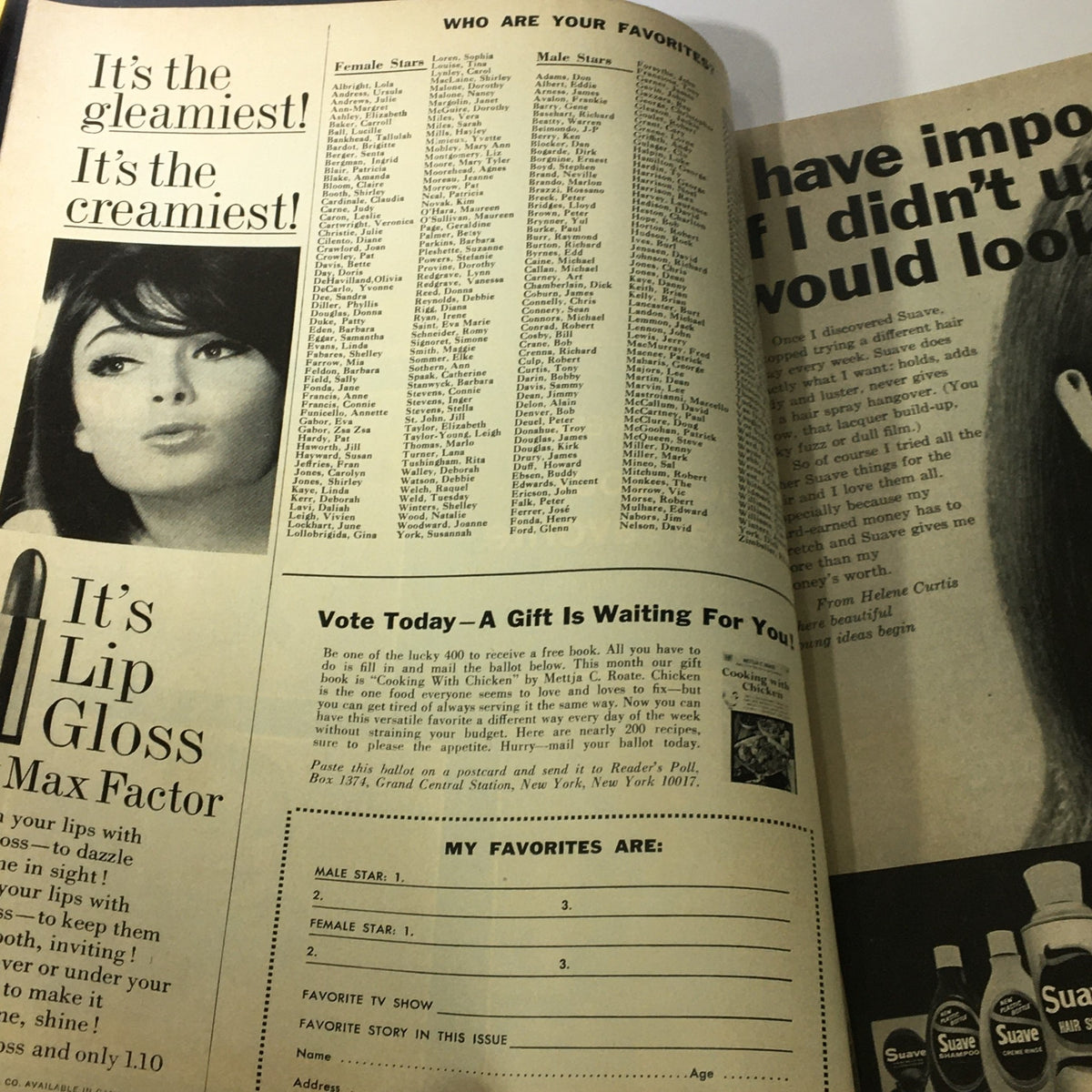 Audience engagement page from VTG Photoplay Magazine May 1967 asking readers about their favorite stars, featuring beauty products and voting sections.