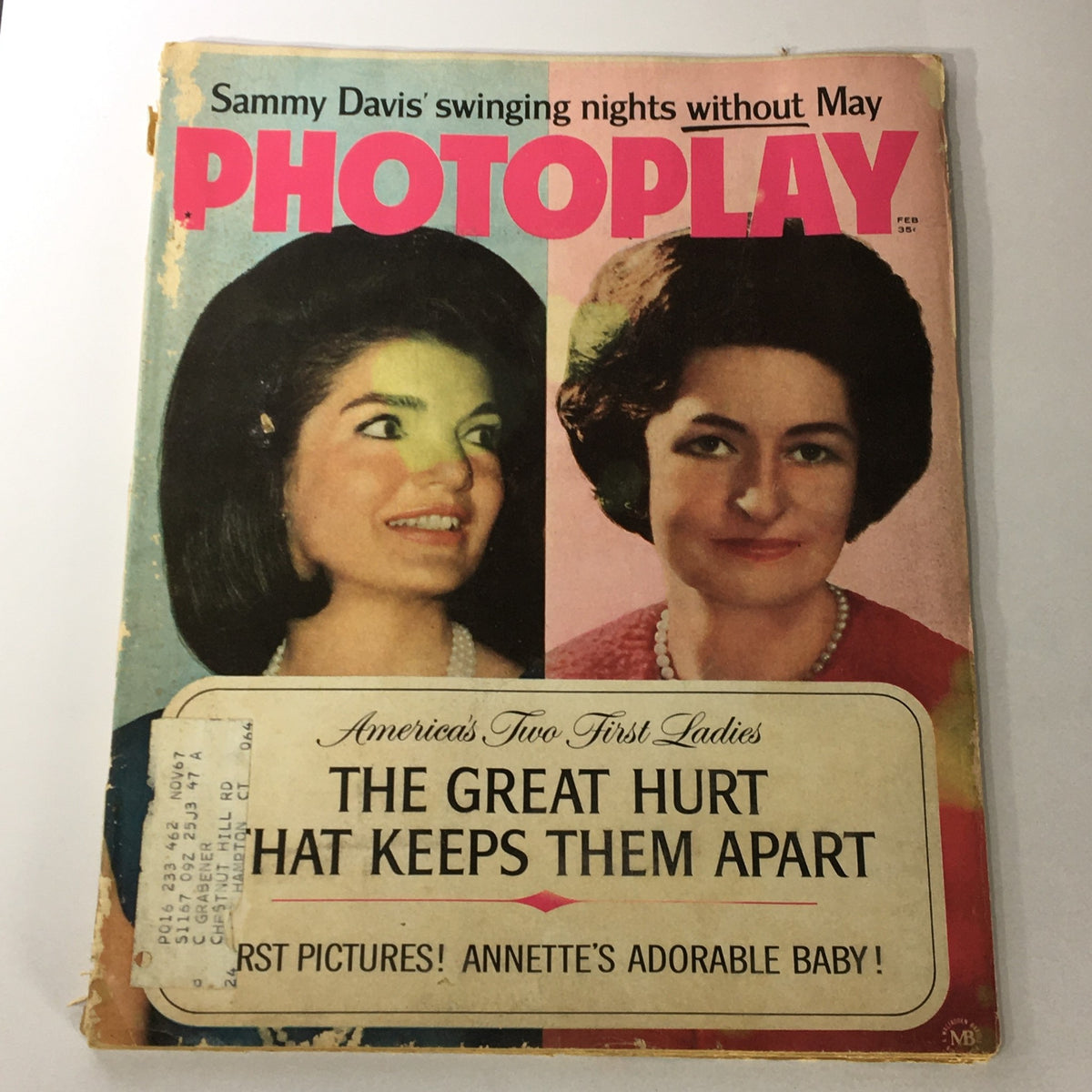 VTG Photoplay Magazine February 1966 featuring Jackie Onassis and Mamie Eisenhower on the cover, highlighting America's Two First Ladies with a vintage design.