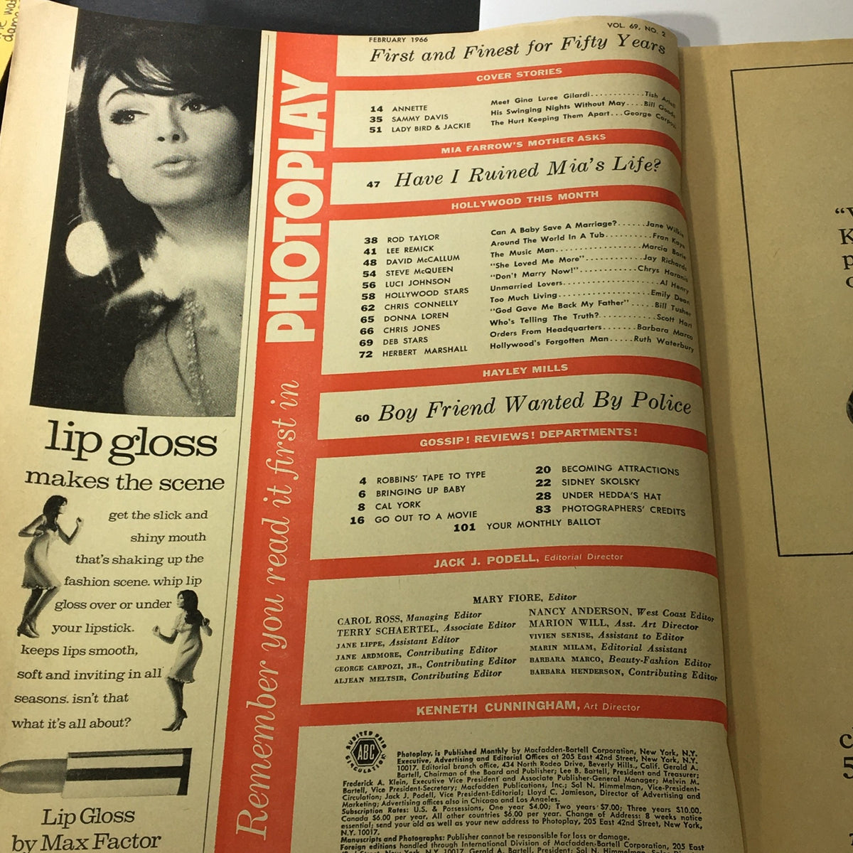Interior page from the VTG Photoplay Magazine February 1966, illustrating articles and features, including mentions of popular figures and topics of the era.