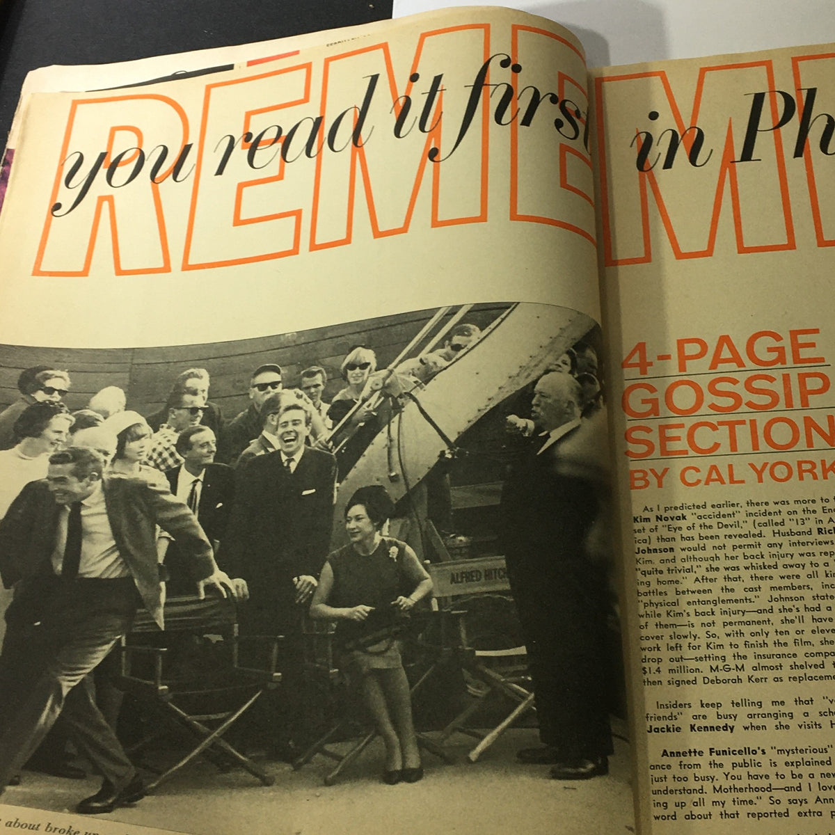 Inside spread of VTG Photoplay Magazine February 1966 featuring a 4-page gossip section by Cal York and images of 1960s celebrities.