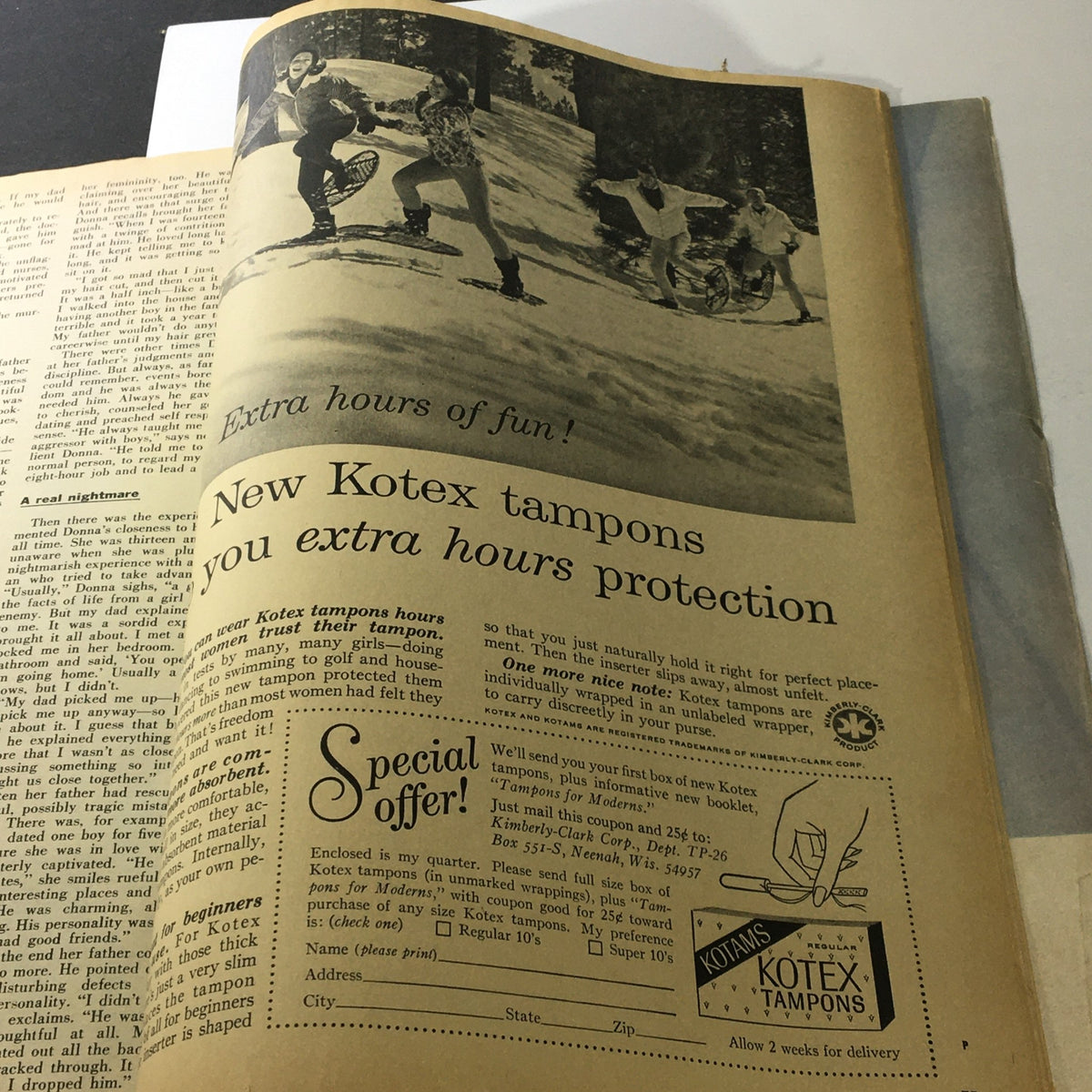 Inside page of VTG Photoplay Magazine February 1966 featuring an advertisement for New Kotex tampons, showcasing a winter scene with kids playing in the snow, reflecting the nostalgic charm of vintage publications.
