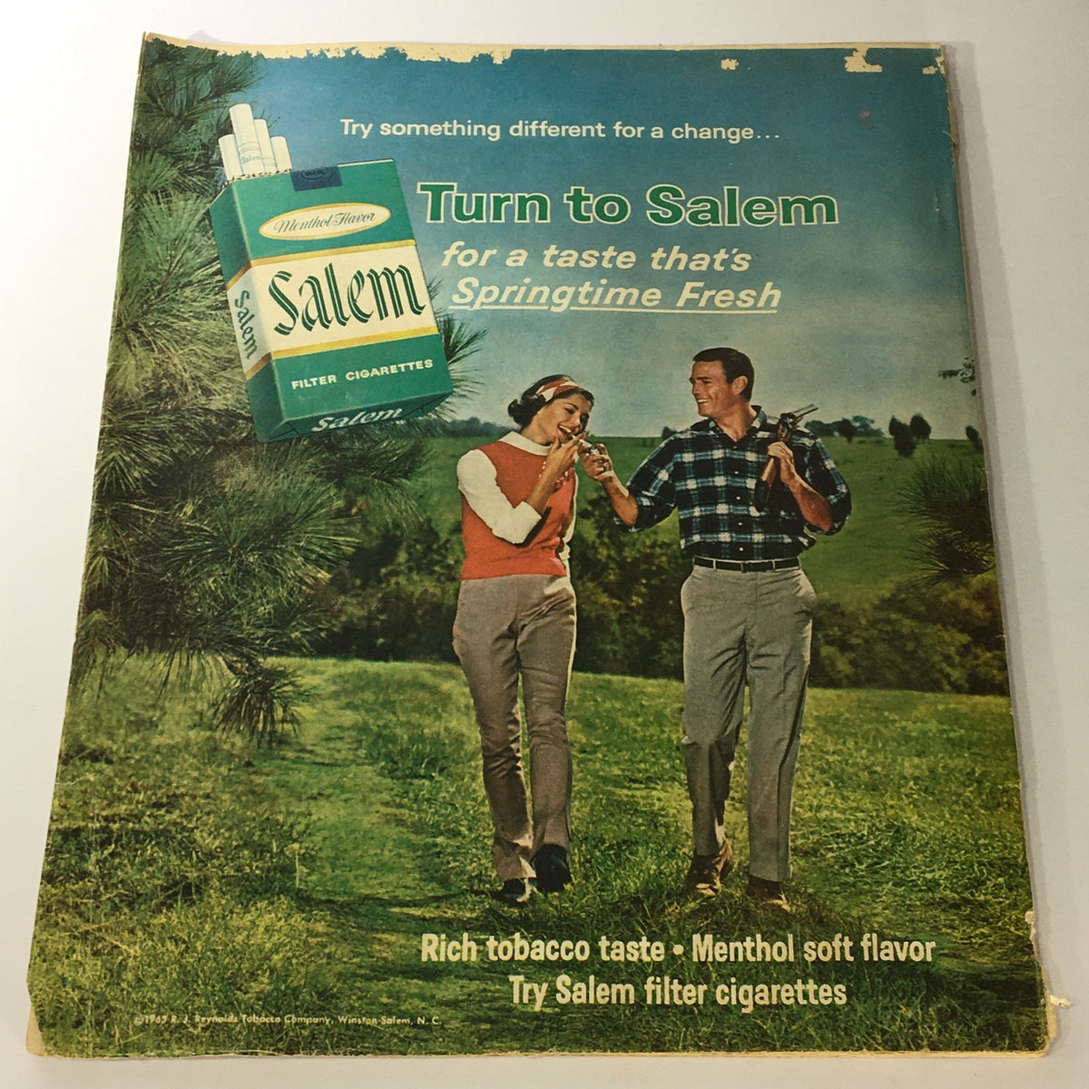 Back cover of VTG Photoplay Magazine February 1966 displaying an advertisement for Salem filter cigarettes, featuring a couple outdoors, capturing the essence of lifestyle marketing in the 1960s.