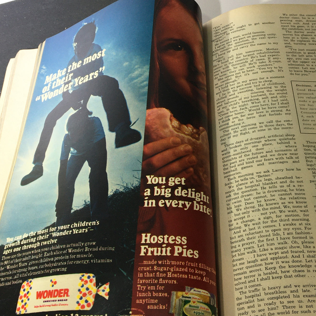 Vintage advertisement from VTG Good Housekeeping Magazine June 1969 featuring children enjoying their 'Wonder Years' with Wonder Bread and Hostess Fruit Pies.