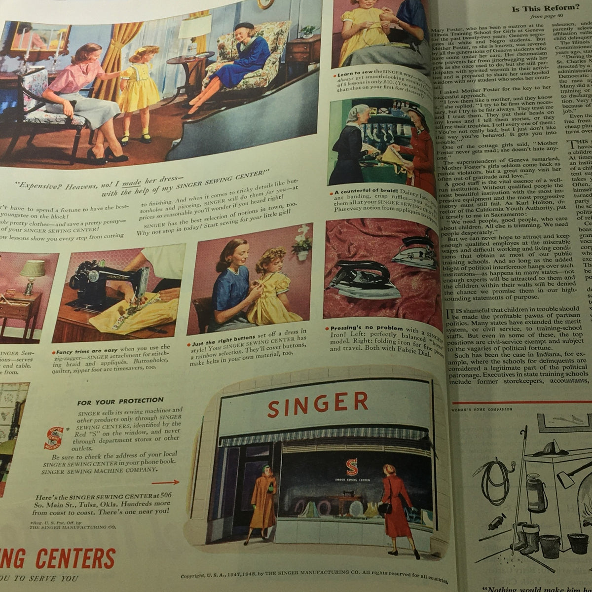 VTG Woman's Home Companion Magazine March 1948 showcasing an advertisement for Singer Sewing Centers with women sewing dresses.