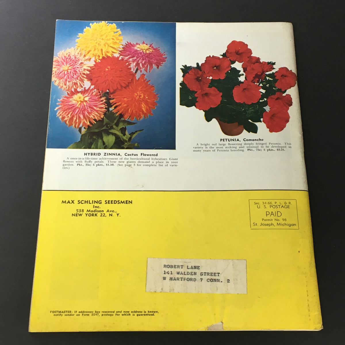 Back cover of Vintage The Book for Garden Lovers Spring 1954 featuring floral images and the address for Max Schling Seedmen.