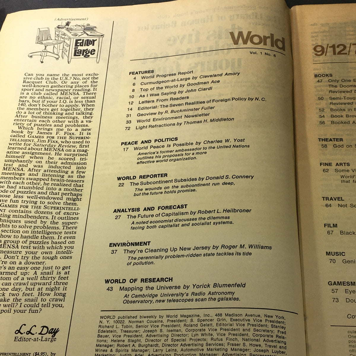 Interior page of VTG World Magazine September 12 1972 Vol 1 #6 listing features, political topics, and articles including 'The Future of Capitalism'.