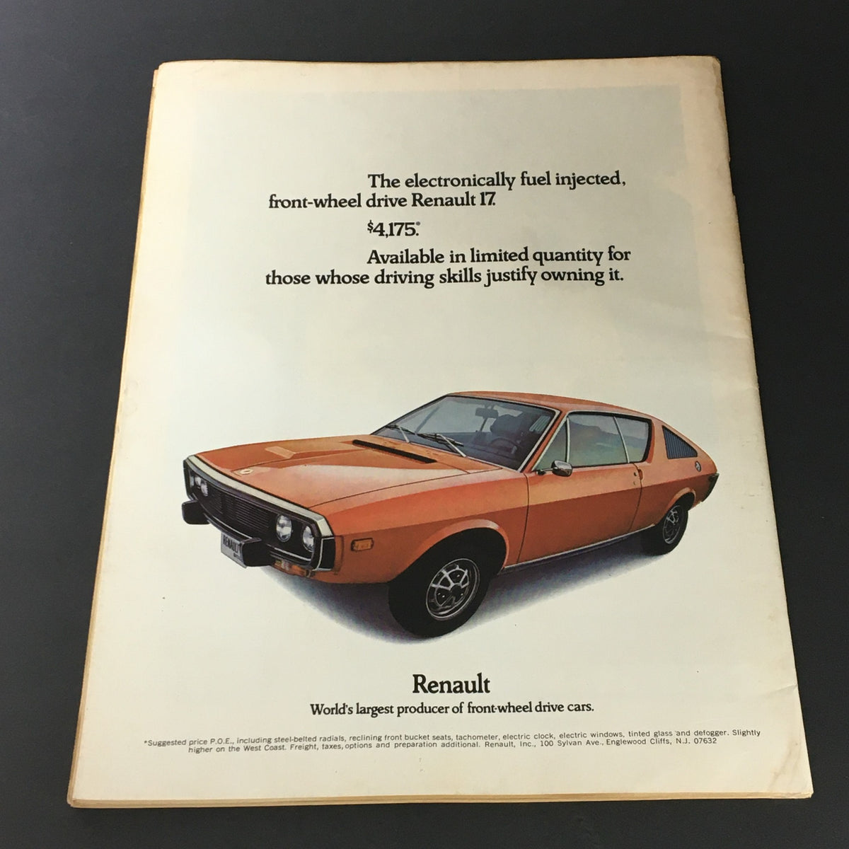 Back cover of VTG World Magazine September 12 1972 Vol 1 #6 featuring a vintage advertisement for the Renault 17 car.