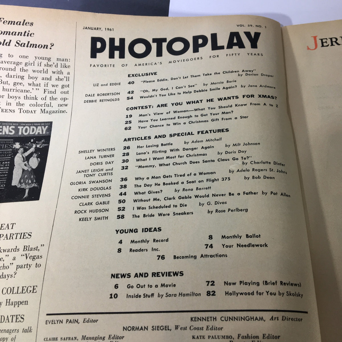 Contents page of VTG Photoplay Magazine January 1961, listing articles and features related to celebrities and Hollywood's film industry.