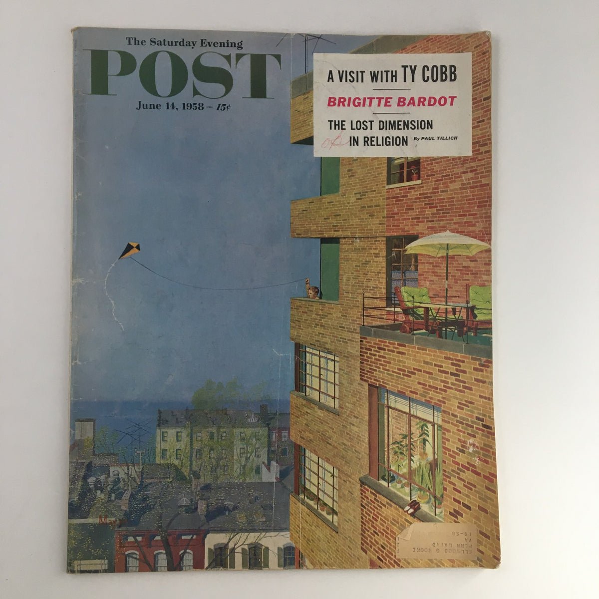 Cover of The Saturday Evening Post dated June 14, 1958, featuring an illustration of an apartment building with a view of the city, and highlighting the article 'The Lost Dimension in Religion' by Paul Tillich.