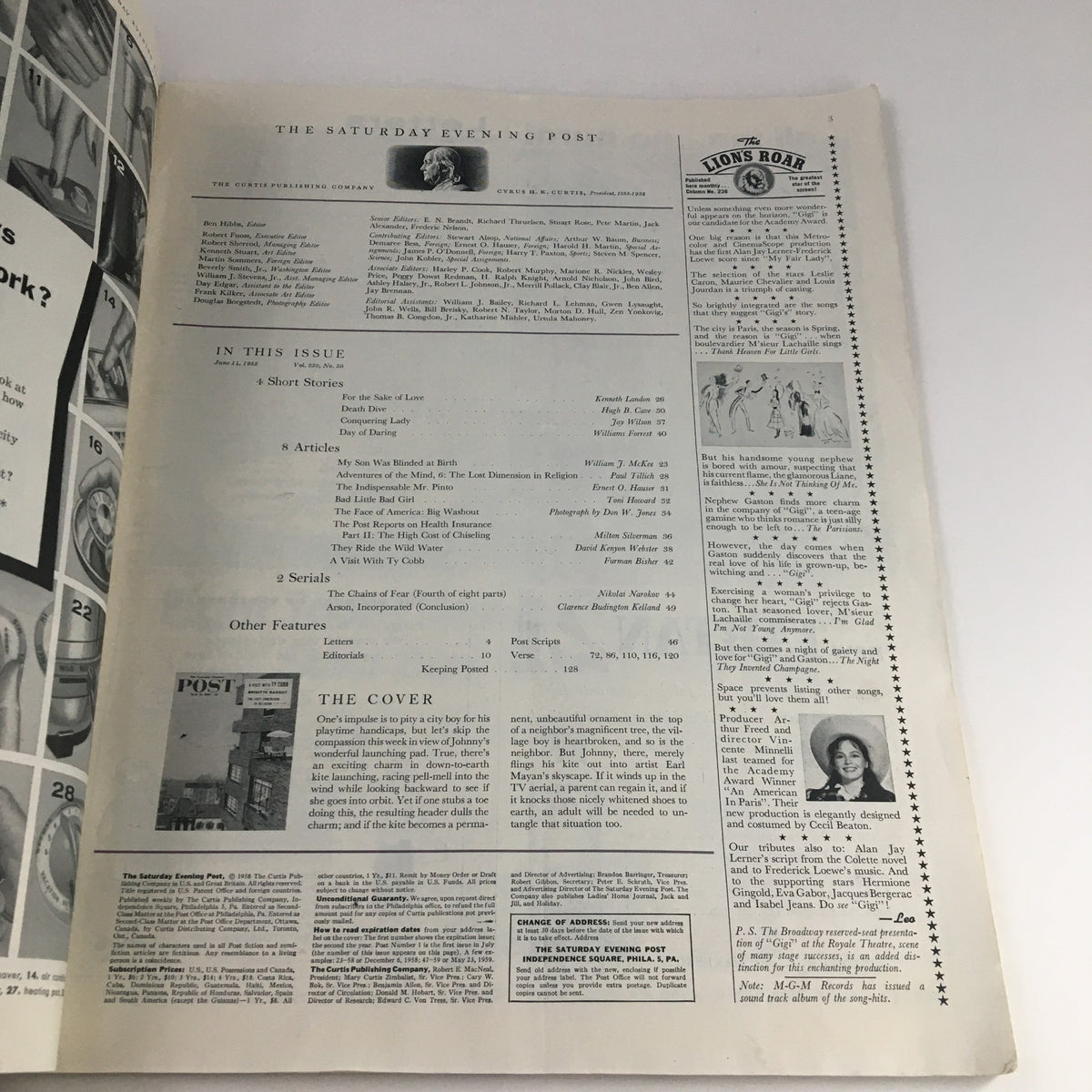 Inside page of The Saturday Evening Post from June 14, 1958, featuring the table of contents and article listings, including 'The Lost Dimension in Religion.' This vintage magazine showcases the publication's format and provides a glimpse into mid-20th century American culture.