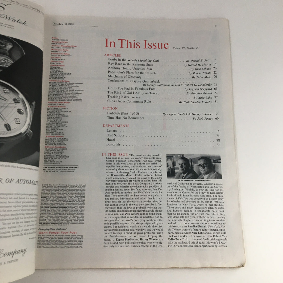 Inside pages of The Saturday Evening Post October 13, 1962, showcasing the table of contents with featured articles, including the key political race in Pennsylvania.