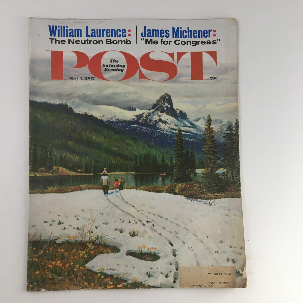 Cover of The Saturday Evening Post dated May 5, 1962, featuring a scenic mountain landscape with a father and child walking on snow, along with article titles by William Laurence and James Michener.