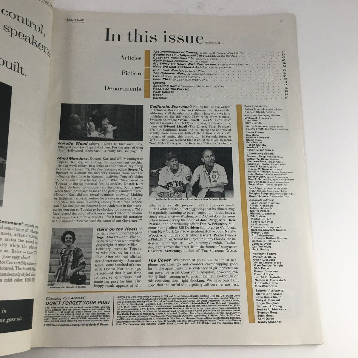 Inside page of The Saturday Evening Post April 7 1962 displaying contents including articles about Natalie Wood, showcasing a nostalgic glimpse into the magazine's features from the era.