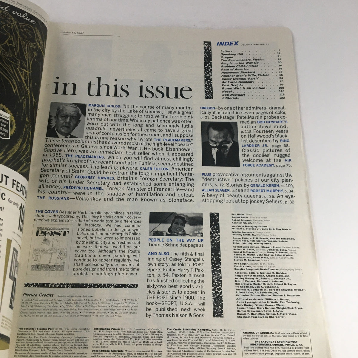 Inside page of The Saturday Evening Post October 14, 1961, containing an index and article highlights, reflecting the publication’s historical context.