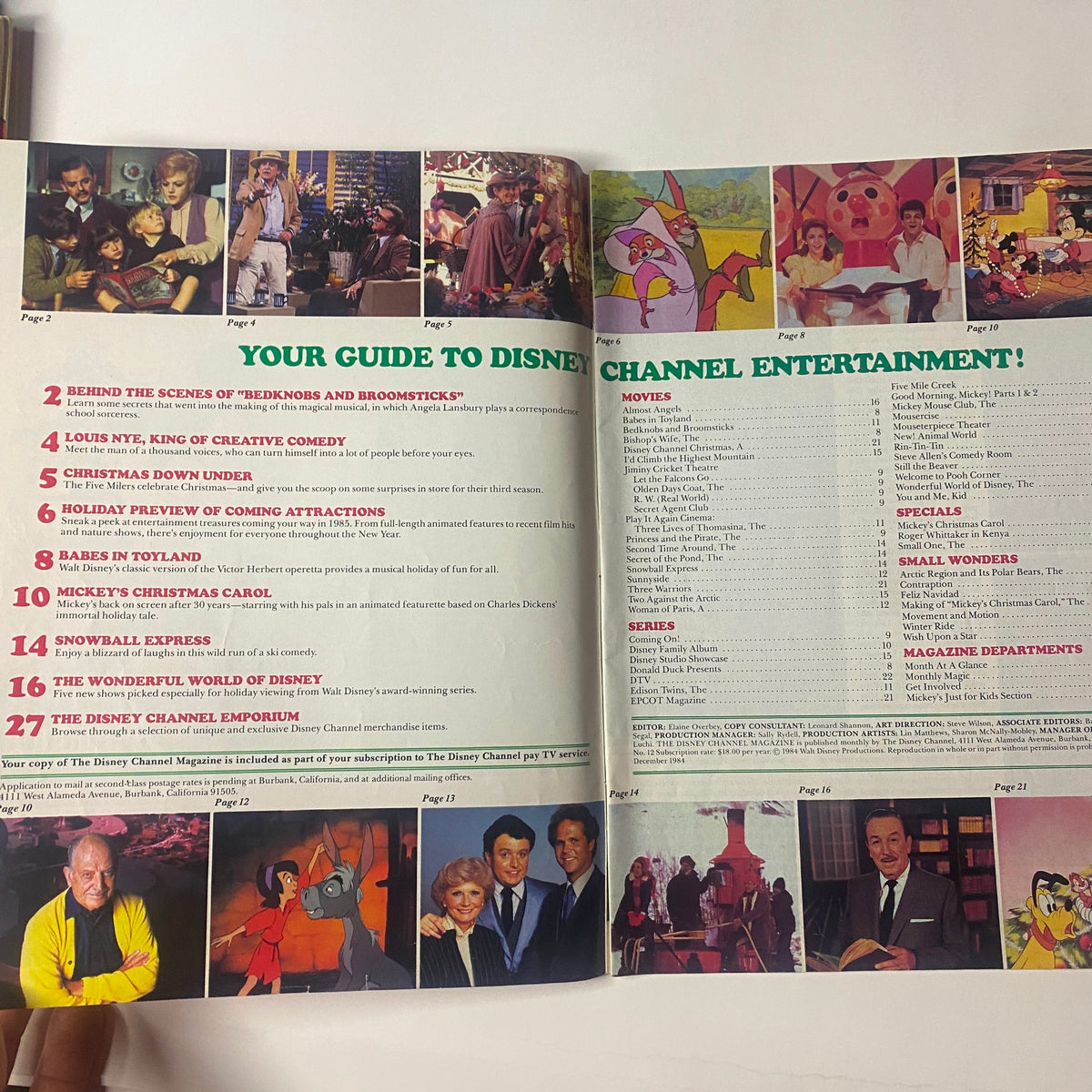 Inside spread of The Disney Channel Magazine December 1984 displaying the contents section, including features on iconic Disney programming and movies.