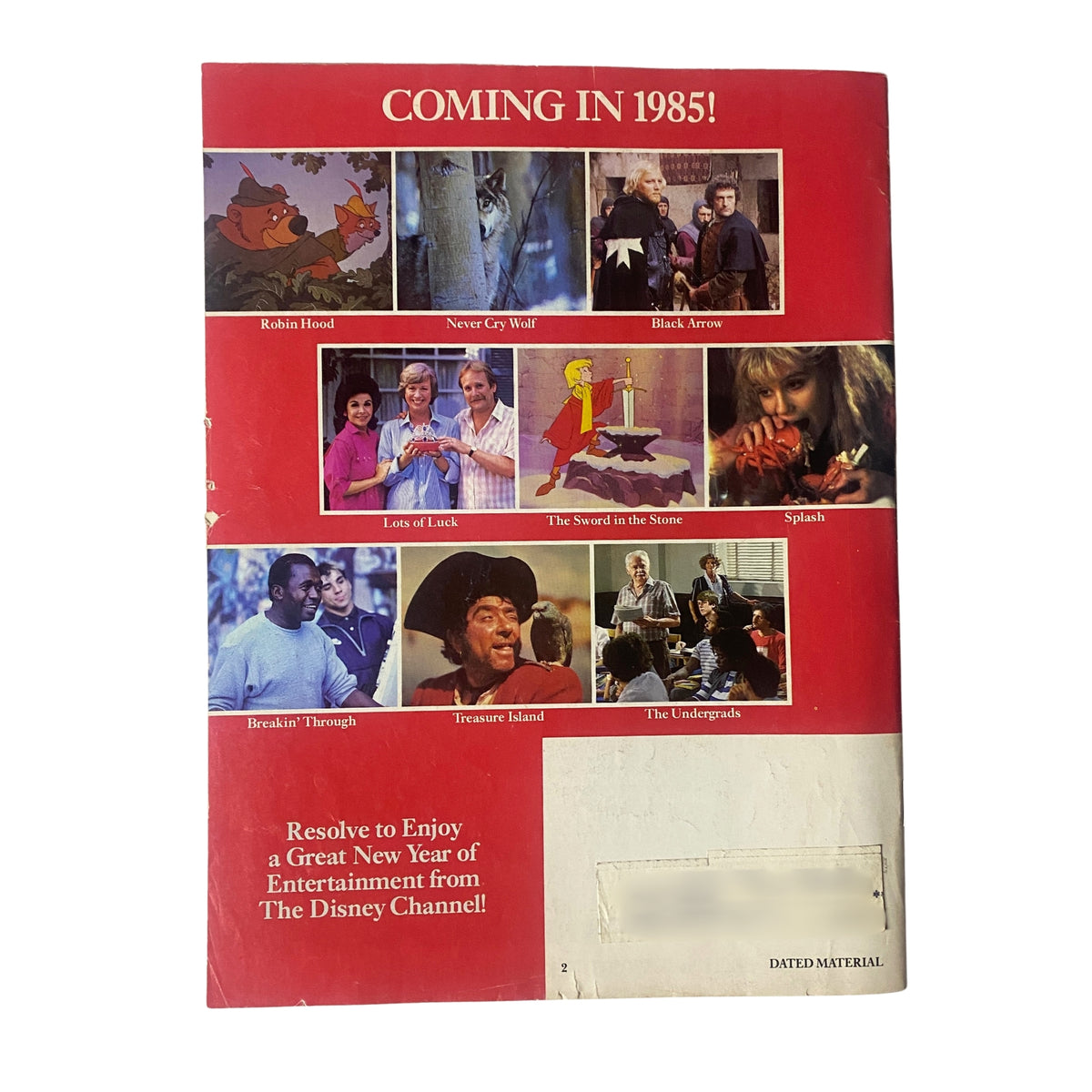 Back cover of The Disney Channel Magazine December 1984 showcasing upcoming Disney entertainment in 1985, with images of classic characters and films.