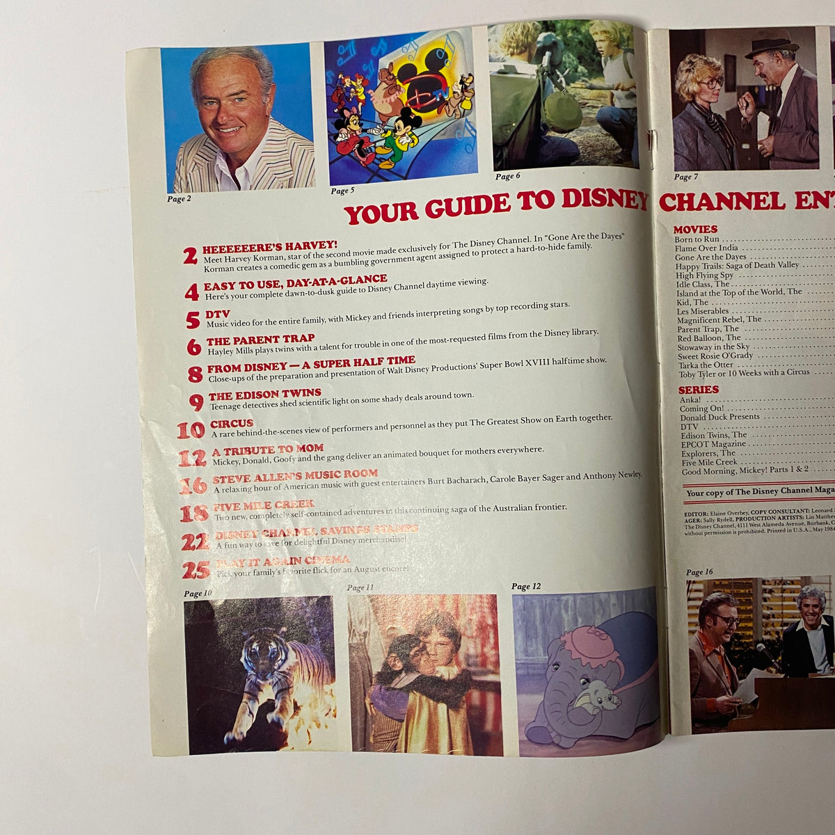 Interior page of The Disney Channel Magazine May 1984 featuring 'Heeeeeere’s Harvey!' and program guide, promoting early Disney Channel content.